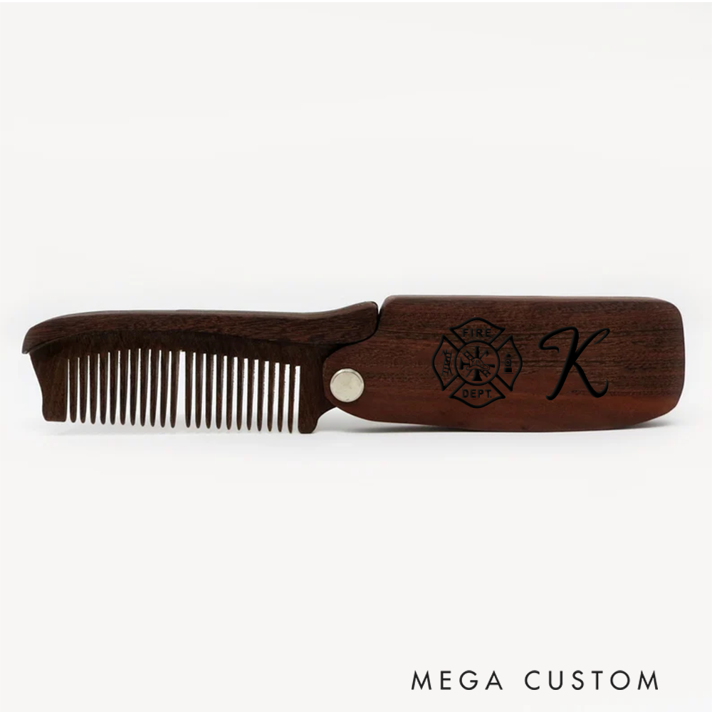 Personalized Wooden Beard Comb Firefighter Design with Custom Initial Gift