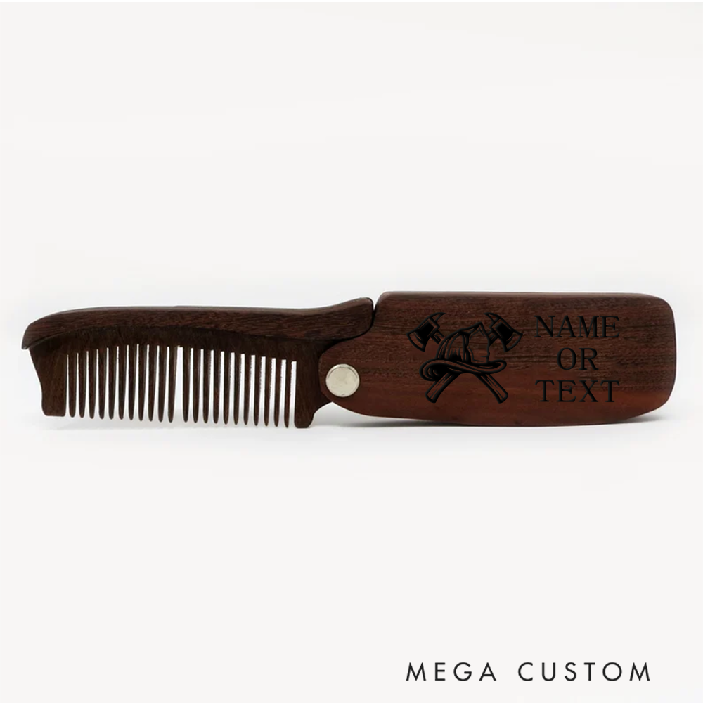 Personalized Wooden Beard Comb Custom Firefighter Ax Design with Name Text