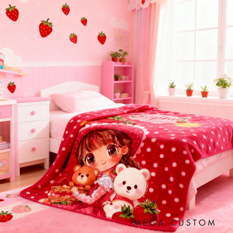 Personalized Strawberry Themed Blanket with Name Home Decor Birthday Gift for Kids 