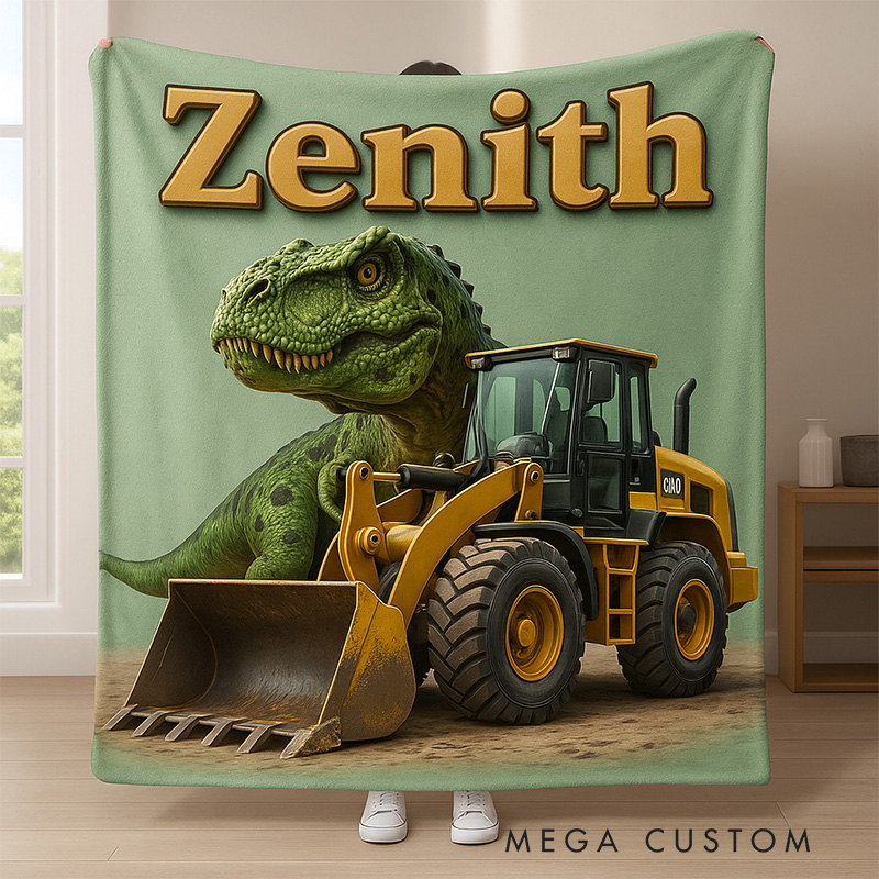 Personalized Dinosaur And Digger Theme Custom Name Fun Kids Cozy Bedroom Decor Blanket Blanket