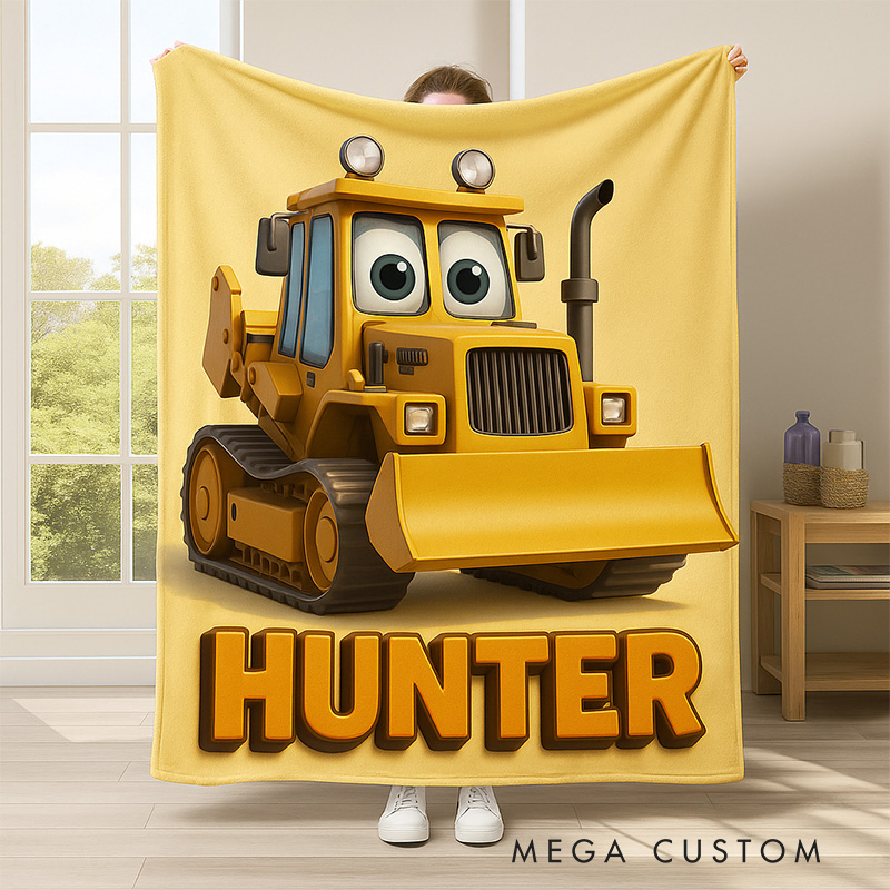 Personalized Cute Bulldozer Theme Custom Name Fun Construction Vehicle Kids Cozy Blanket Blanket