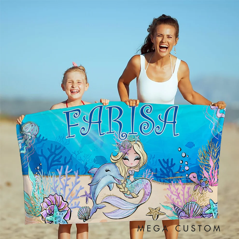 Personalized Fantasy Mermaid Quick Dry Oversized Beach Towel with Name Beach Party Holiday Gift for Girls