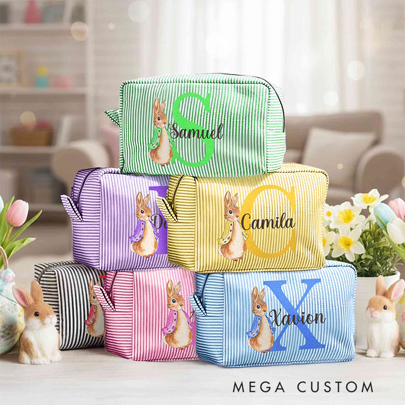 Personalized Name Peter Rabbit Bunny Alphabet Striped Makeup Bag Travel Toiletry Pouch Birthday Easter Gift for Her Girls 