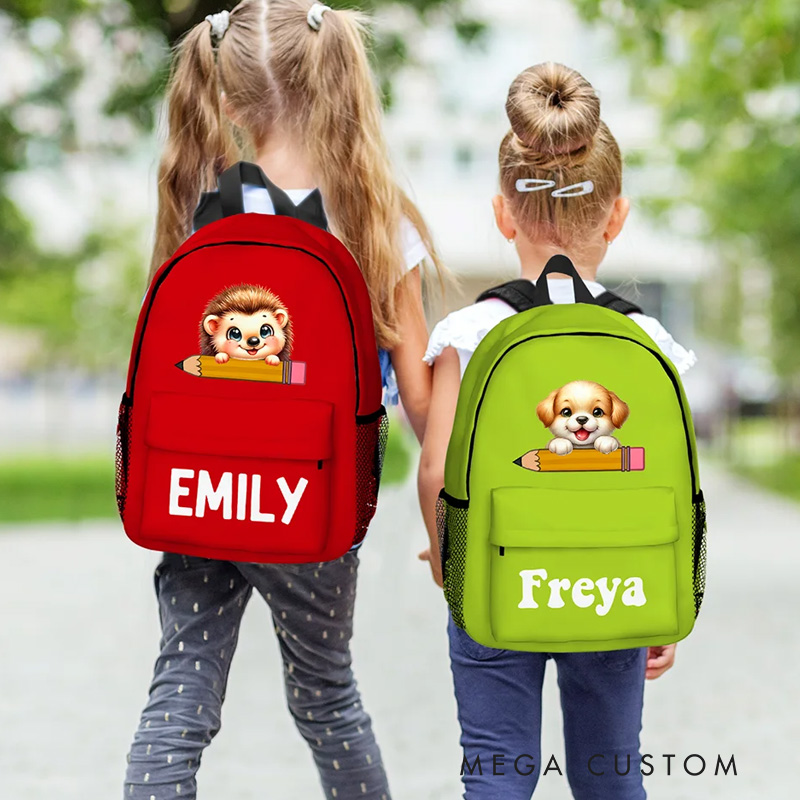 Personalized Cartoon Penguin Raccoon Animals Name Backpack with Zipper and Side Pockets Birthday Back to School Gift for Boys Girls