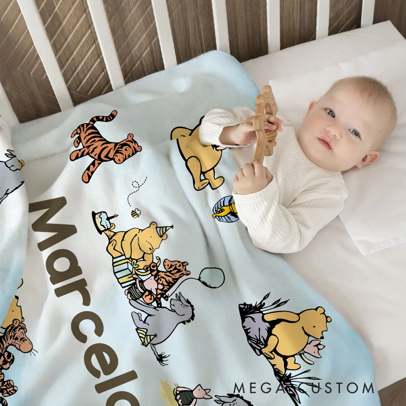 Personalized Classic Winnie the Pooh Illustration Soft Throw Blanket with Name Nusery Decor Birthday Baby Shower Gift for Newborns Boys Girls