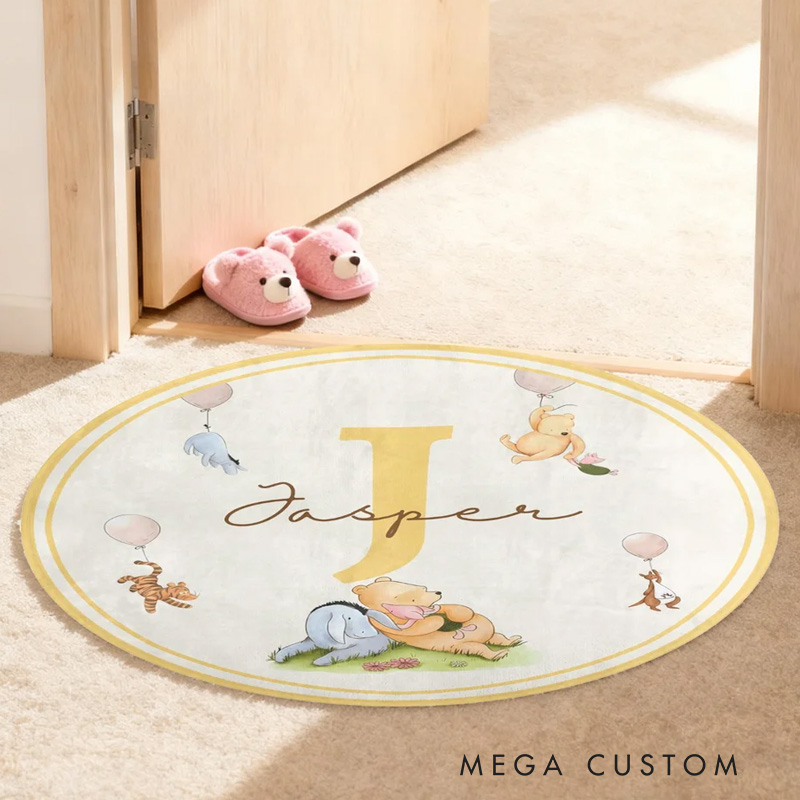 Personalized Classic Winnie the Pooh Initial Round Anti-Slip Coral Fleece Doormat Rug with Name Nursery Decor Baby Shower Birthday Gift for Kids