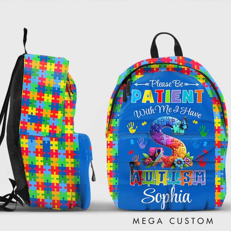 Personalized Colorful Autism Awareness Theme Custom Name Puzzle Heart Pattern Kids Backpack