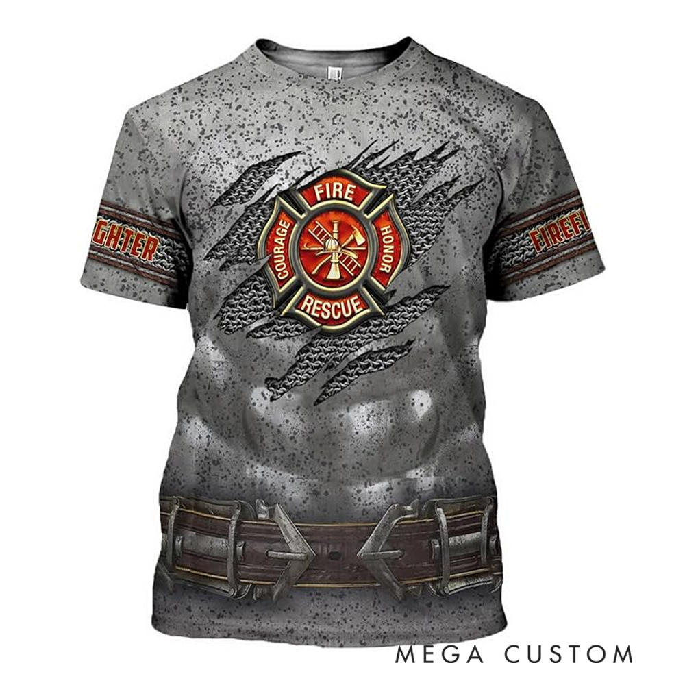 Personalized Firefighter Full Print T-Shirt Gift Custom Name and Metallic Gear Design