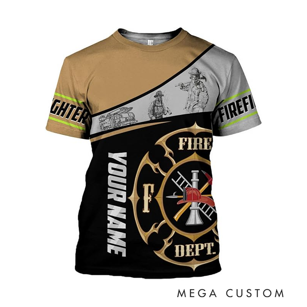 Personalized Firefighter Full Print T-Shirt Gift Custom Name and Vintage Fire Dept Design