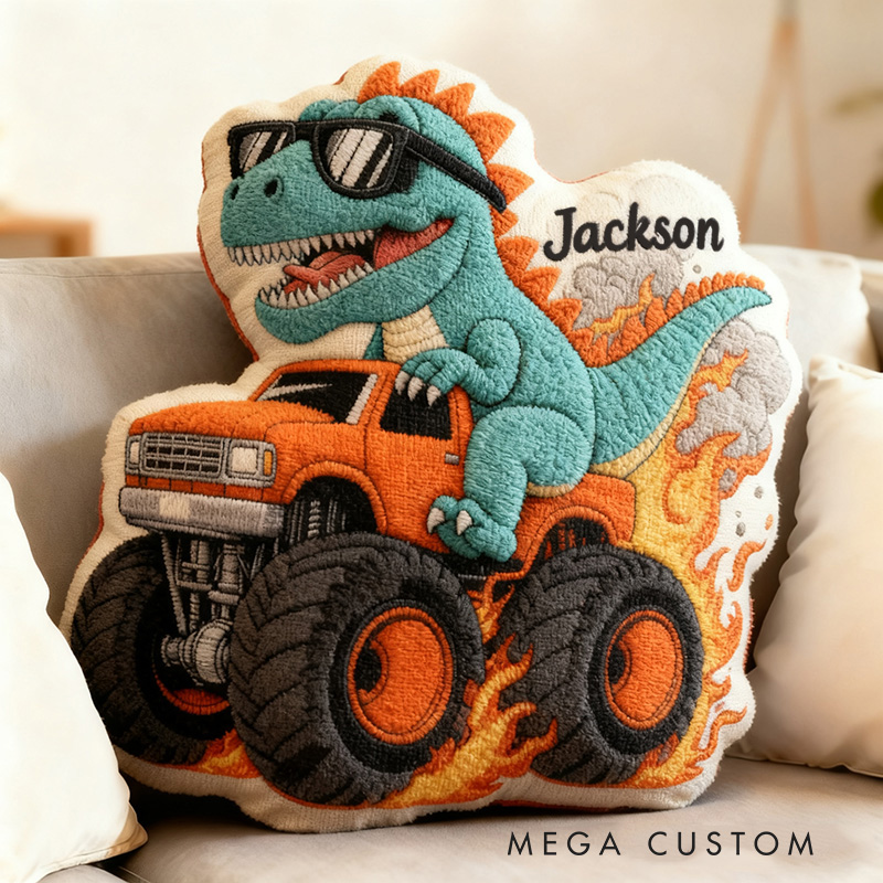 Personalized Cool Dinosaur Driving Monster Truck Custom Name Fun Boys Room Decoration Unique Adventure Style Plush  Graphic 3D Print Pillow