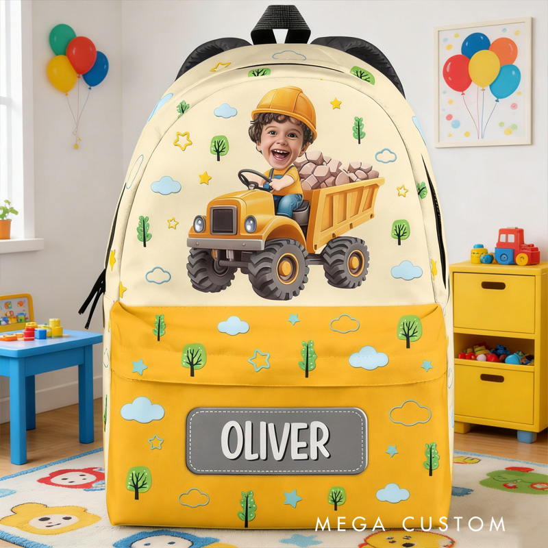 Personalized Cute Construction Theme Custom Name Photo Face Yellow Dump Truck Pattern Kids Backpack