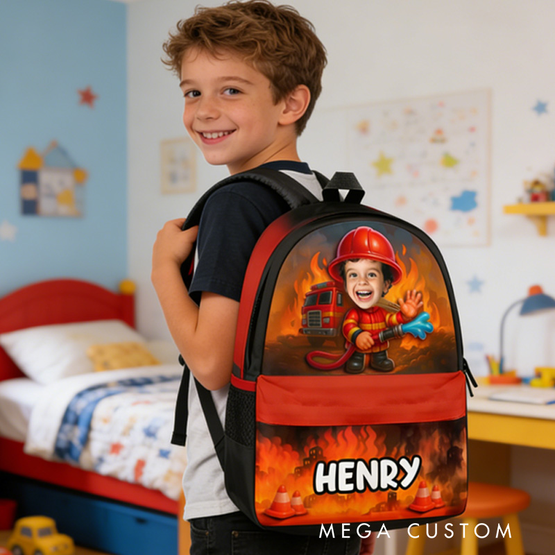 Personalized Unique Kid Fireman Theme Custom Name Red Flame Background Rescue Truck Design Backpack