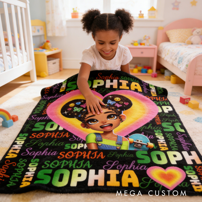 Personalized Cute Girl Theme Custom Name Pink Heart Background Afro Hair Bow Art Design Blanket