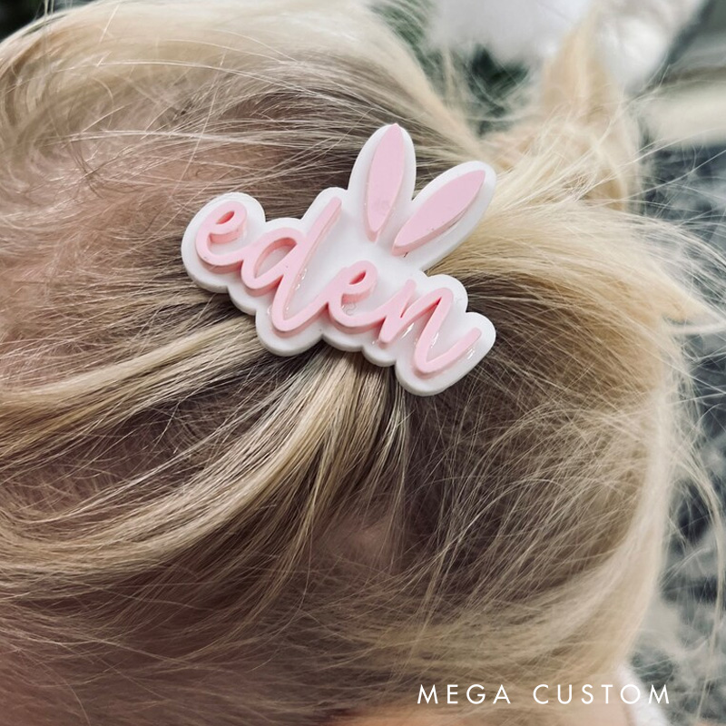 Personalized Bunny Theme Custom Name Adorable Rabbit Ear Pastel Pink Font Acrylic Hair Clip