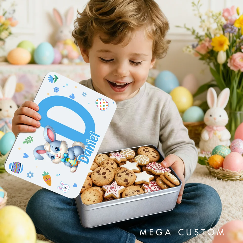 Personalized Cartoon Bunny Easter Eggs Food Grade Metal Biscuit Tin Storage Box with Name Easter Holiday Gift for Family Kids