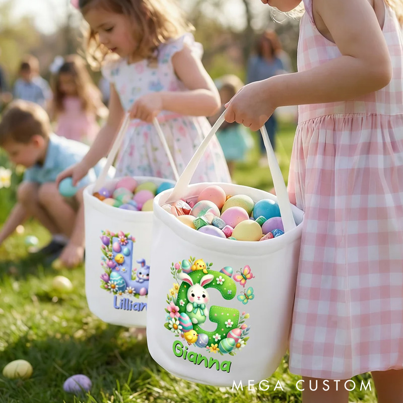Personalized Cartoon Bunny Easter Eggs Large Capacity Canvas Easter Basket with Name and Initial Eggs Hunting Party Easter Gift for Kids