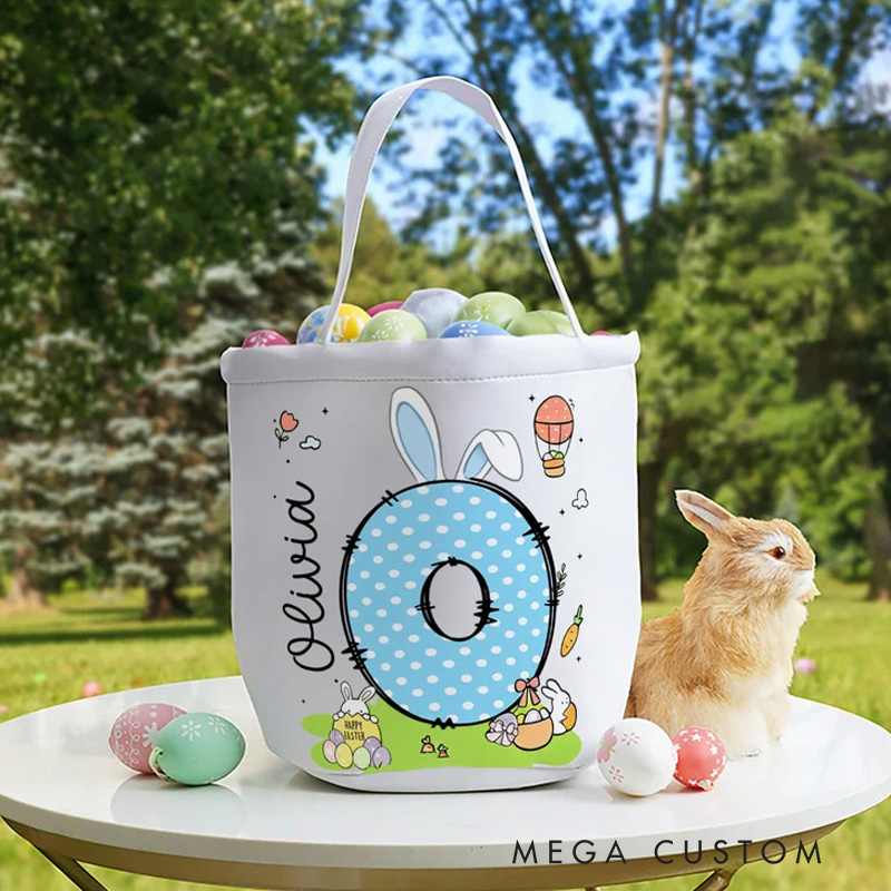 Personalized Bunny Ears Initial Hot Air Balloon Canvas Easter Basket with Name Eggs Hunting Party Easter Gift for Kids