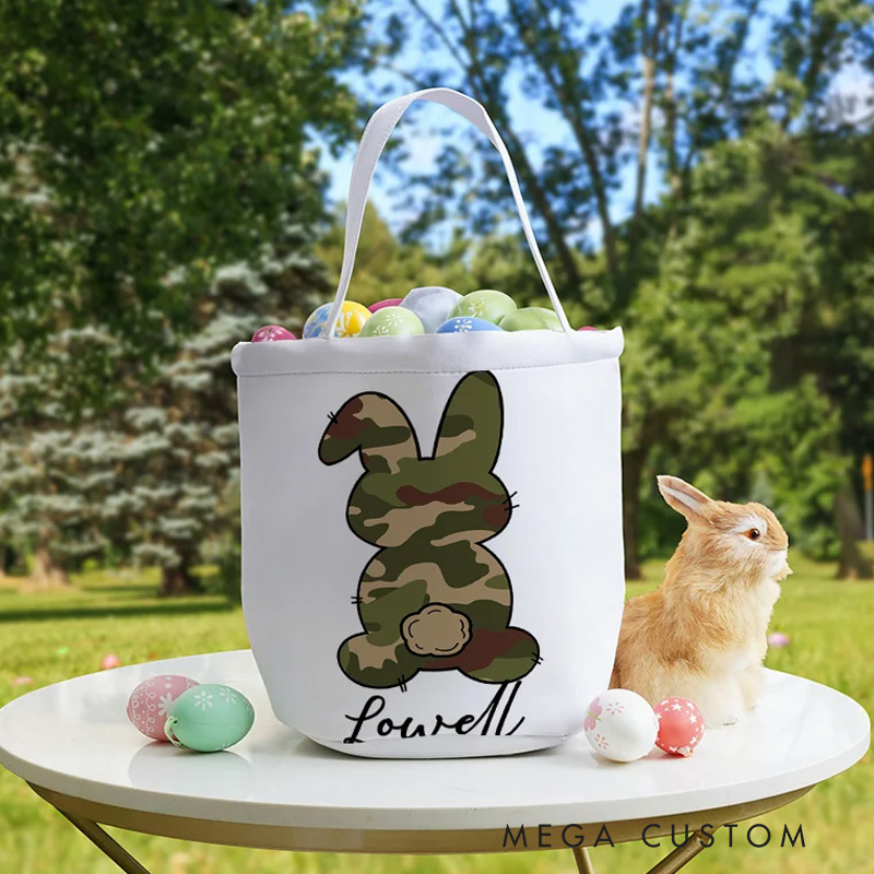 Personalized Cute Bow Bunny Canvas Easter Basket with Name Easter Eggs Hunting Party Favor Gift for Boys Girls
