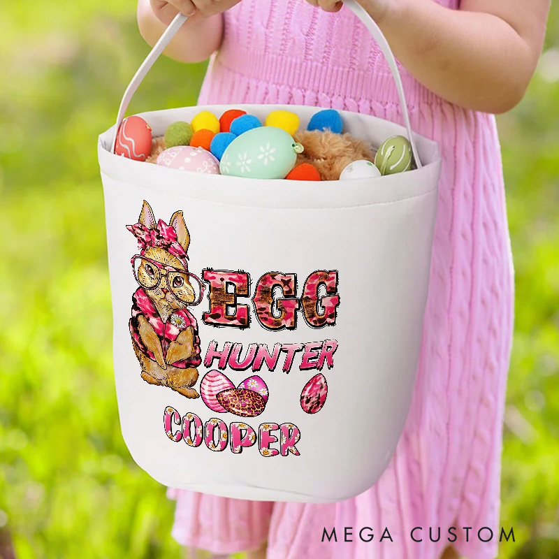Personalized Cute Bunny Egg Hunter Camouflage Carrot Reusable Canvas Easter Basket with Name Birthday Easter Gift for Kids