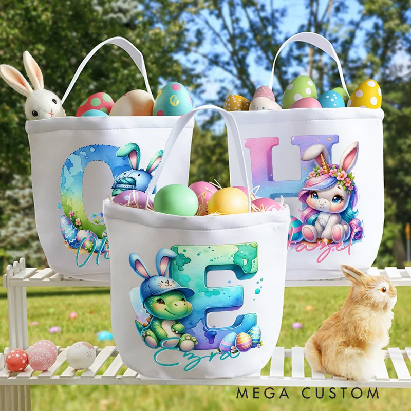 Personalized Cute Fantasy Rainbow Horse Dinosaur Canvas Easter Basket with Initial and Name Party Favor Eggs Hunting Easter Gift for Kids