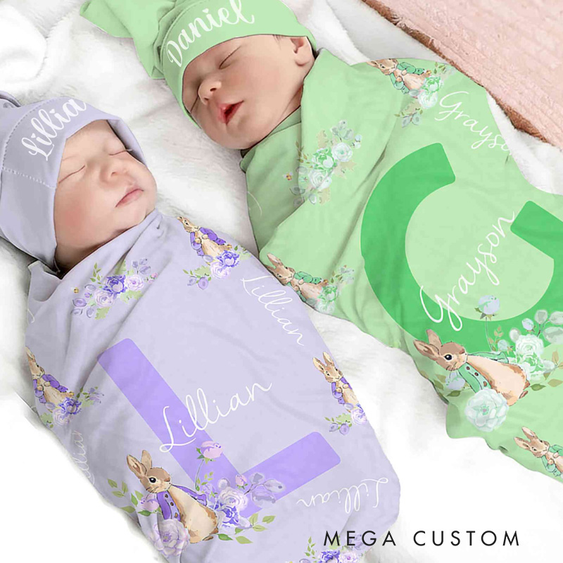 Personalized Name Peter Rabbit Bunny Alphabet Receiving Blanket with Hat Swaddle Hat Set for Baby Girl Boy Birthday Baby Shower Easter Gift for Newborns