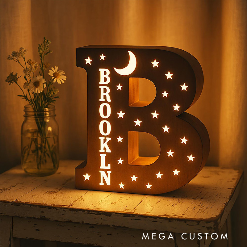 Personalized Letter Theme Custom Name Soft Yellow Glow Decorative Initial Shape Wooden Night Light