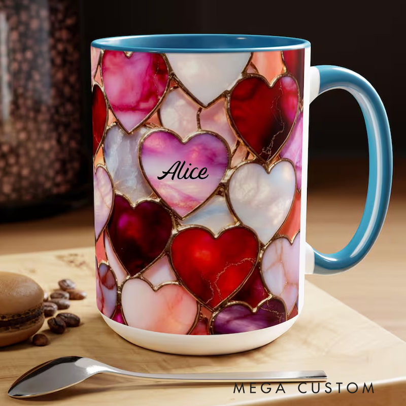 Personalized Stained Glass Hearts Mug with Name Romantic Pastel Coffee Cup Birthday Gift 