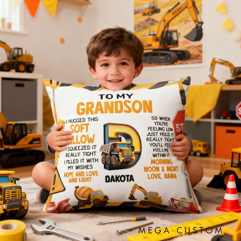Personalized Cartoon Excavator Soft Throw Pillow Cover with Name and Initial Home Decor Birthday Children's Day Gift for Kids