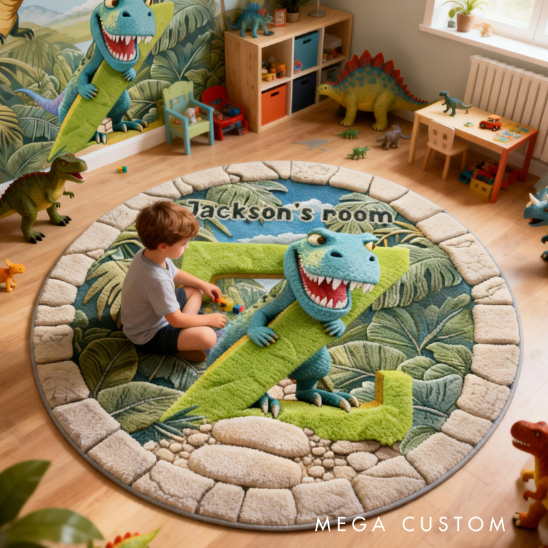 Personalized Dinosaur Theme Custom Name Jungle Adventure Green T Rex Playtime Carpet Rug for Kids