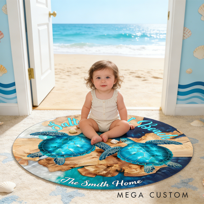 Personalized Beach Turtle Round Rug Birthday Gifts for Kids Perfect Gift