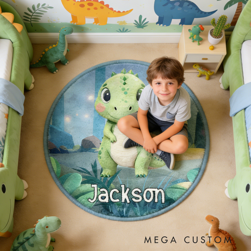 Personalized Cartoon Dinosaur Jungle Rug with Name Home Decor Birthday Gift for Kids Dinosaur Lovers
