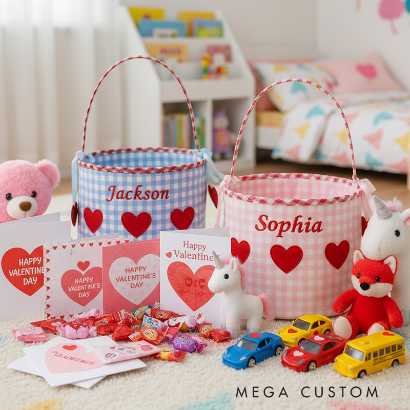 Personalized Gingham Heart Bucket Bag with Embroidered Name Birthday Valentine's Day School Exchange Gift for Kids