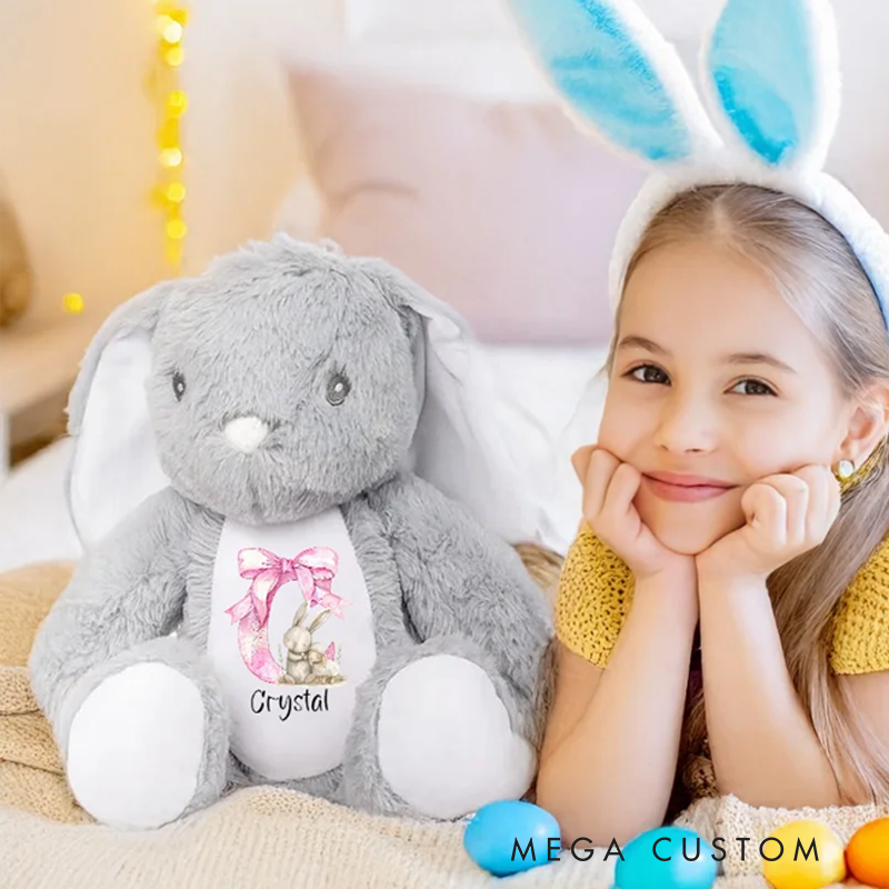 Personalized Pink Coquette Bow Initial Cute Easter Bunny Plush Stuffed Animal Toy with Name Easter Birthday Gift for Kids