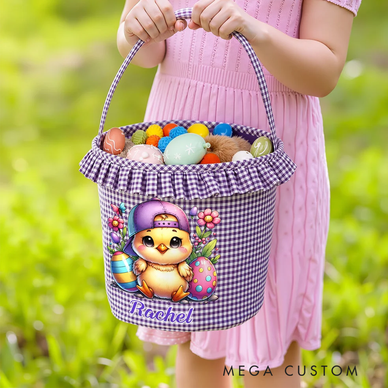 Personalized Cartoon Cute Bunny Chick Reusable Easter Plaid Basket with Name Easter Egg Hunt Easter Party Gift for Kids