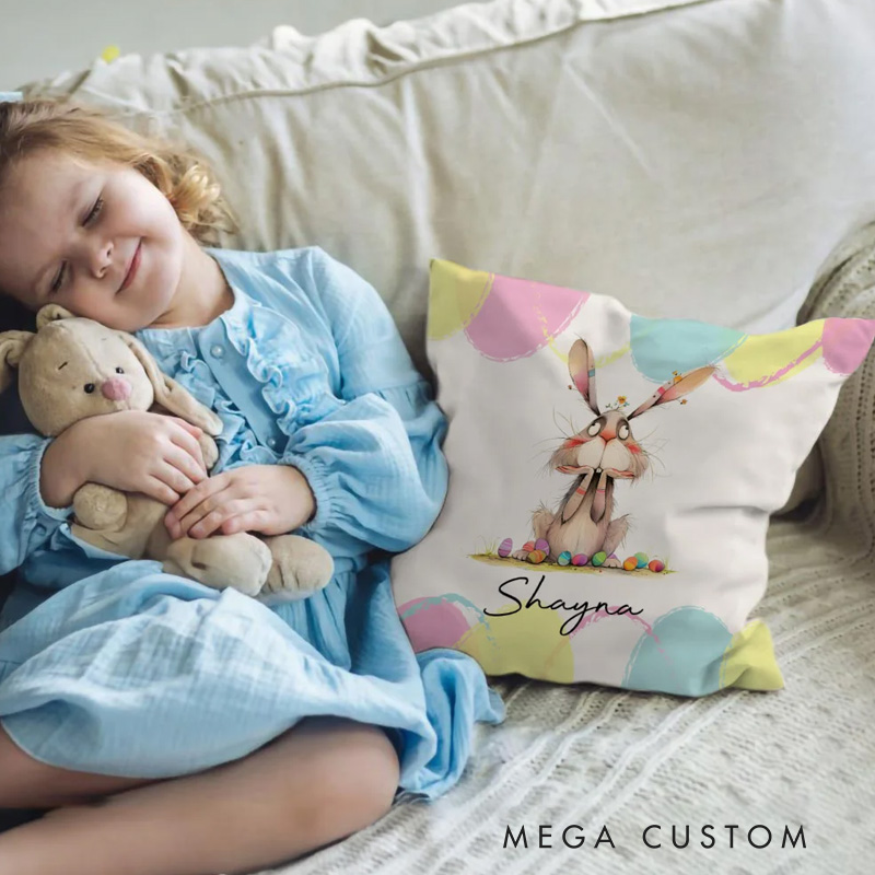 Personalized Quirky Easter Egg Bunny Soft Throw Pillow Cover with Name Easter Party Home Decor Gift for Kids
