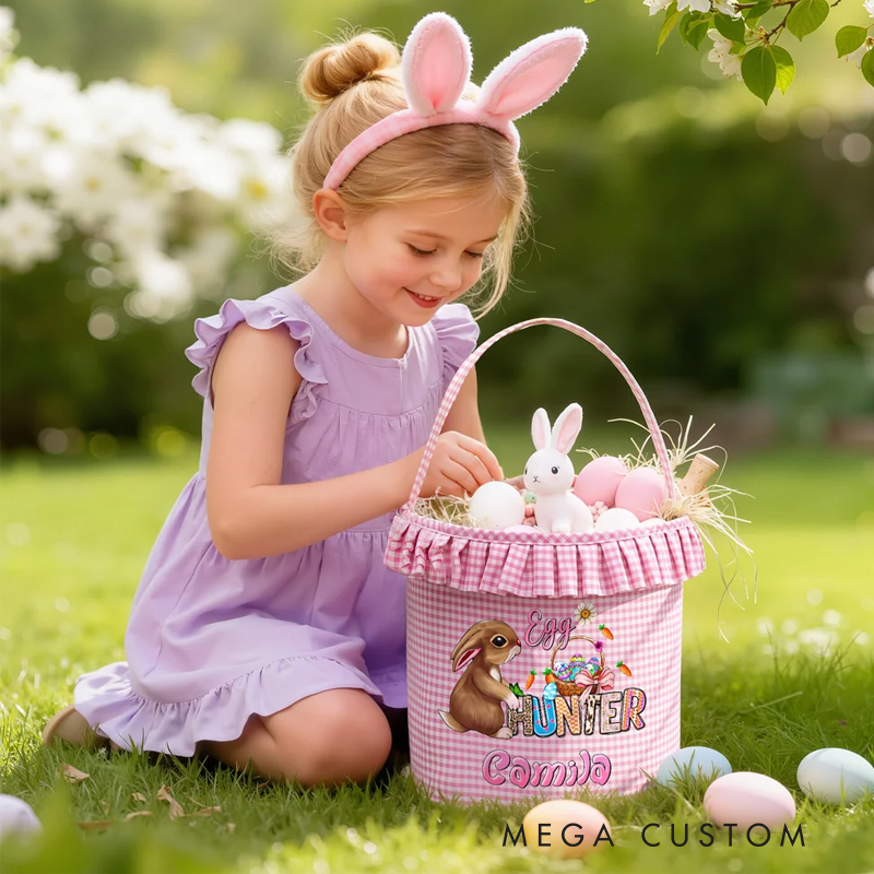 Personalized Cute Bunny Camouflage Flower Plaid Easter Basket with Name Easter Egg Hunt Easter Gift for Boys Girls