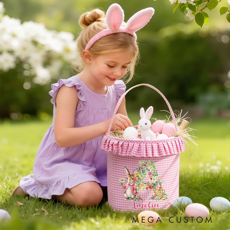 Personalized Cute Flower Peter Rabbit Easter Basket with Name and Initial Easter Eggs Hunting Party Favor Gift for Boys Girls