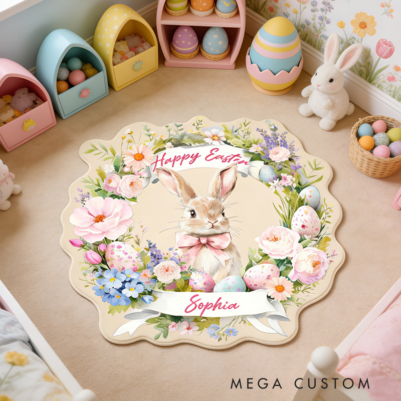 Personalized Bunny Theme Custom Name Cute Easter Rabbit with Floral Wreath Pastel Carpet Rug for Kids