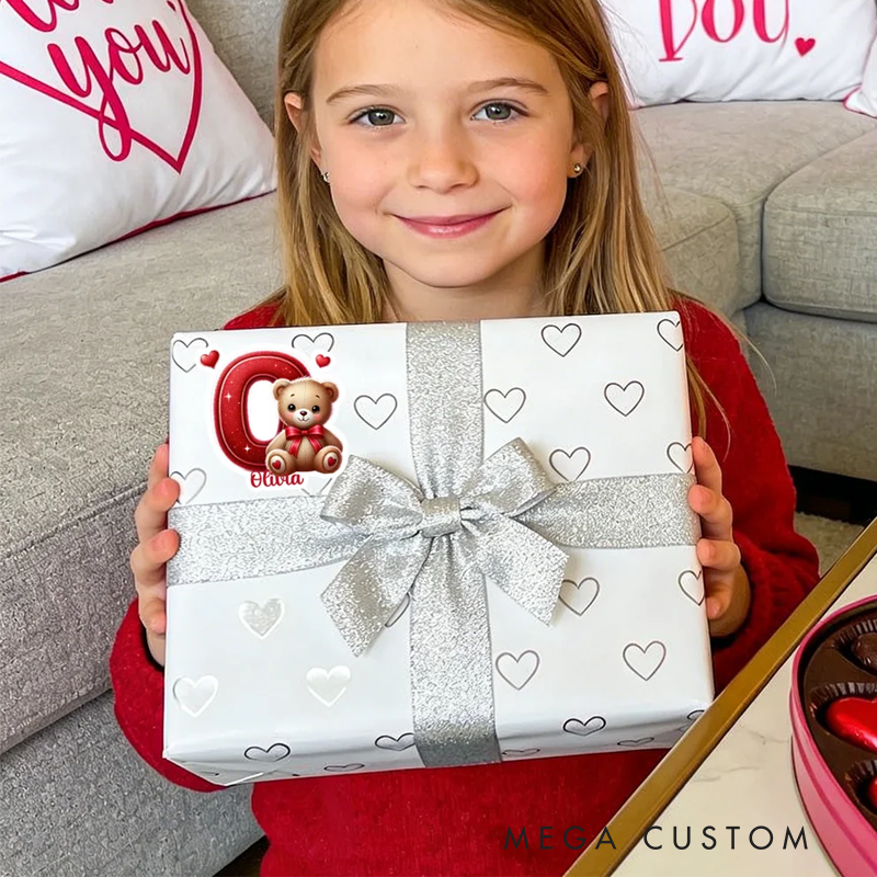 Personalized Heart Cute Cartoon Bear Initial Waterproof Stickers Labels with Name Valentine's Day Birthday Gift for Kids