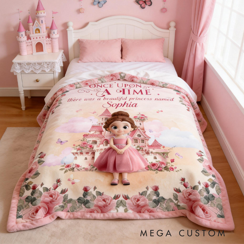 Personalized Once Upon A Time There Was A Beautiful Princess Blanket with Name Home Decor Birthday Gift for Kids
