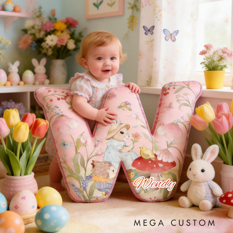 Personalized Bunny Theme Custom Name Cute Rabbit with Eggs and Flowers Pink 3D Print Pillow