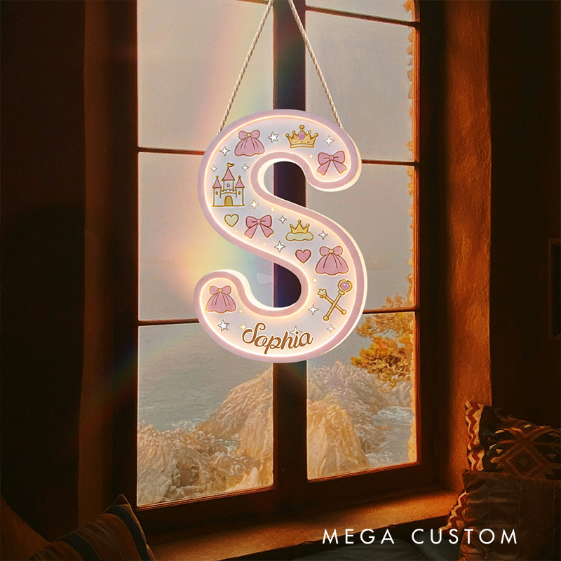 Personalized Princess Theme Custom Name Crown Castle and Bow Pattern Nursery LED Light Acrylic Sign