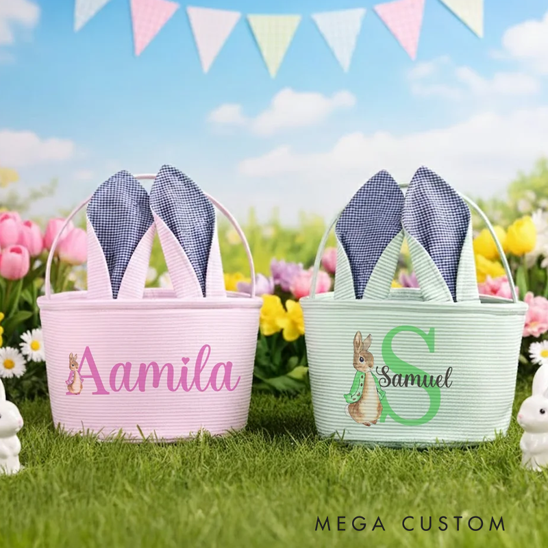 Personalized Cute Peter Rabbit Ears Stripe Easter Basket with Name and Initial Easter Party Favor Eggs Hunting Gift for Kids