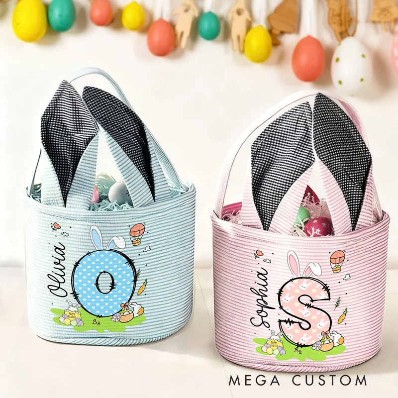 Personalized Cute Bunny Ears Polka Dot Initial Easter Basket with Name Egg Hunt Accessories Easter Party Gift for Boys Girls