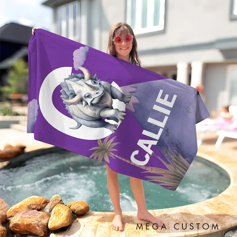 Personalized Cute Dinosaur Quick Dry Oversized Beach Towel with Name and Initial Travel Essential Summer Vacation Birthday Gift for Kids