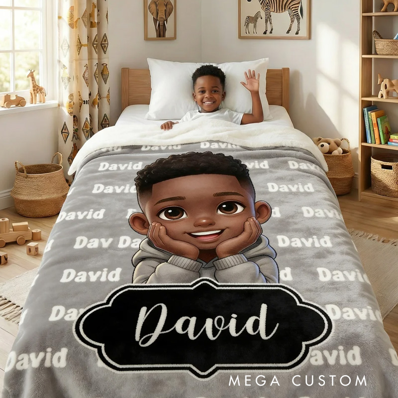 Personalized Cute Cartoon Little Black Boy Soft Throw Blanket with Name Home Decor Birthday Anniversary Gift for Boys