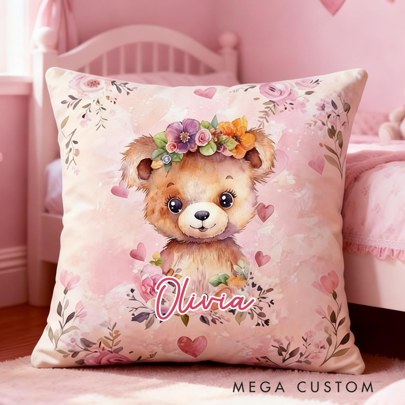Personalized Watercolor Retro Pink Animal Pillow with Name Birthday Gifts for Kids Easter Gifts