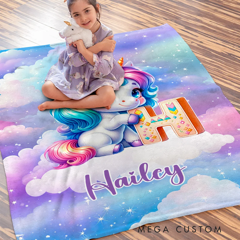 Personalized Gradient Dreamy Fantasy Unicorn Initial Design Soft Throw Blanket with Name Room Decor Christmas Gift for Women Girls