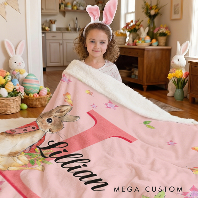 Personalized Name Peter Rabbit Bunny Alphabet Blanket Flannel Sherpa Bed Couch Throw Nursery Home Decor Birthday Easter Gift for Newborns Kids