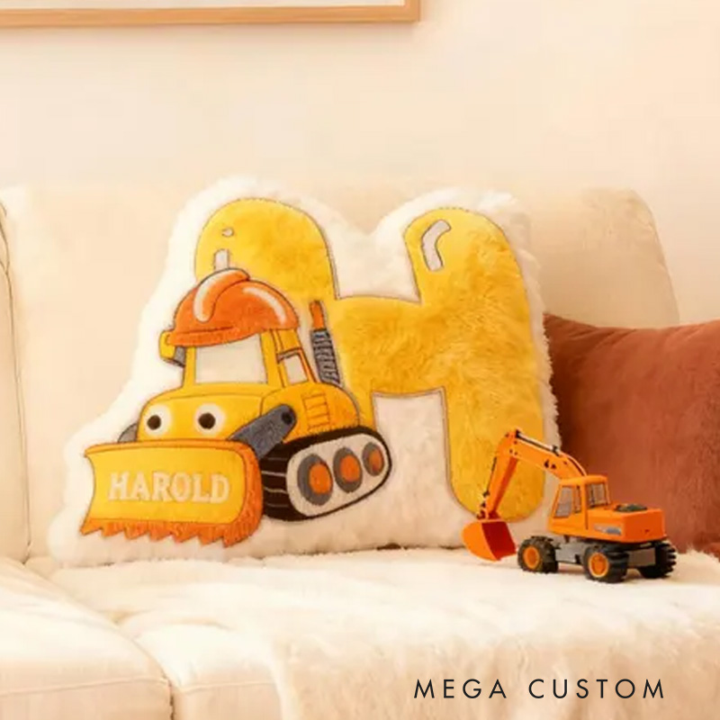 Personalized Construction Theme Custom Name Yellow Alphabet Cushion with Excavator 3D Print Pillow